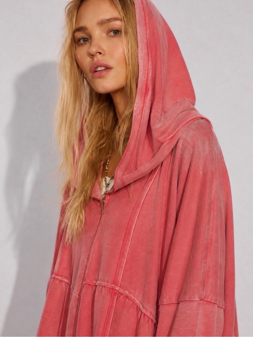 FREE PEOPLE Piece Of Cake Oversized Pink Ruffle Hooded Sweatshirt Size M - Picture 5 of 12